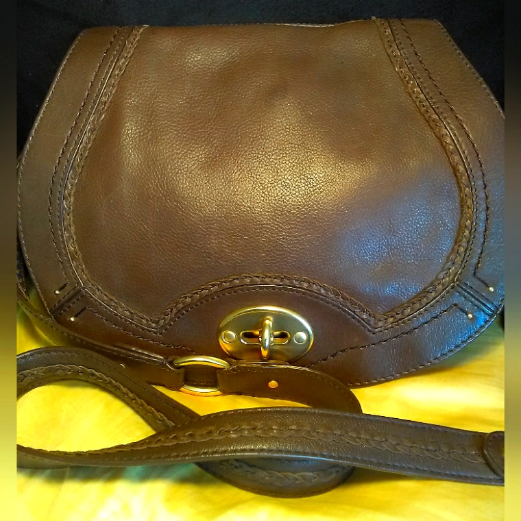 Dark Brown Leather Sigred Olsen Shoulder Bag Gold Detail Crescent Shape